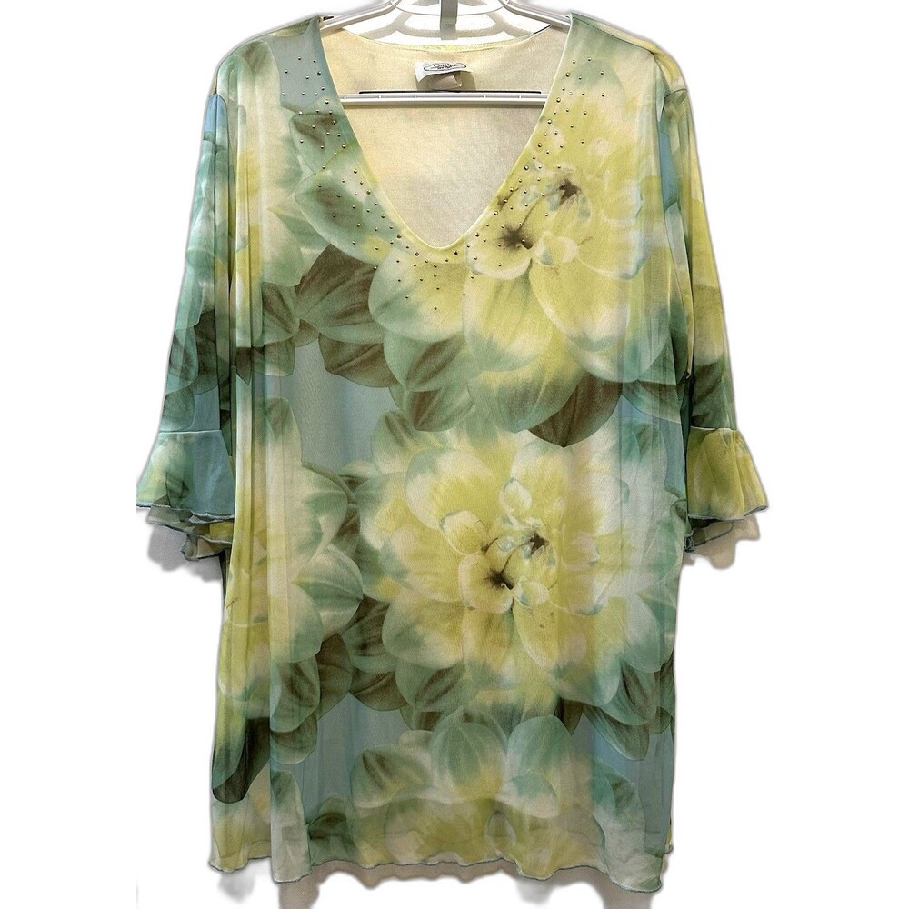 Caran New York 3X Sheer Floral Tunic Top Embellished V Neck Green Yellow